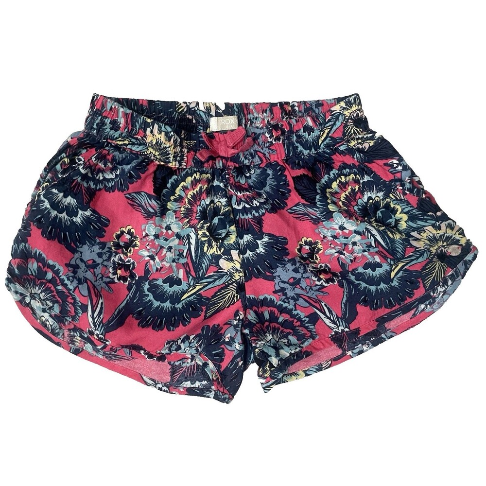Roxy Girls Size 10 Shorts Lightweight Pull On Elastic Waist Pink/Blue Floral